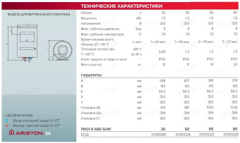 Накопительный электрический водонагреватель Ariston PRO1 R ABS 80 V Slim